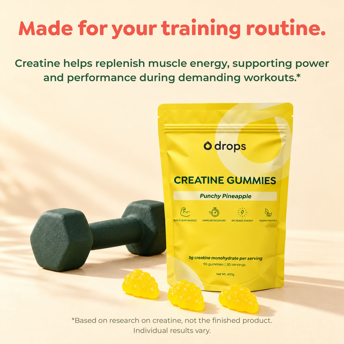 Drops Punchy Pineapple creatine gummies training routine panel with creatine muscle energy information and research disclaimer.