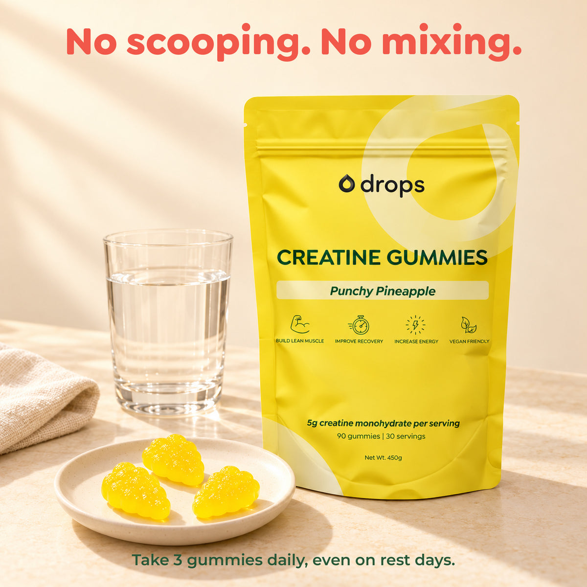 Drops Punchy Pineapple daily routine: no scooping or mixing; take three gummies daily, even on rest days.