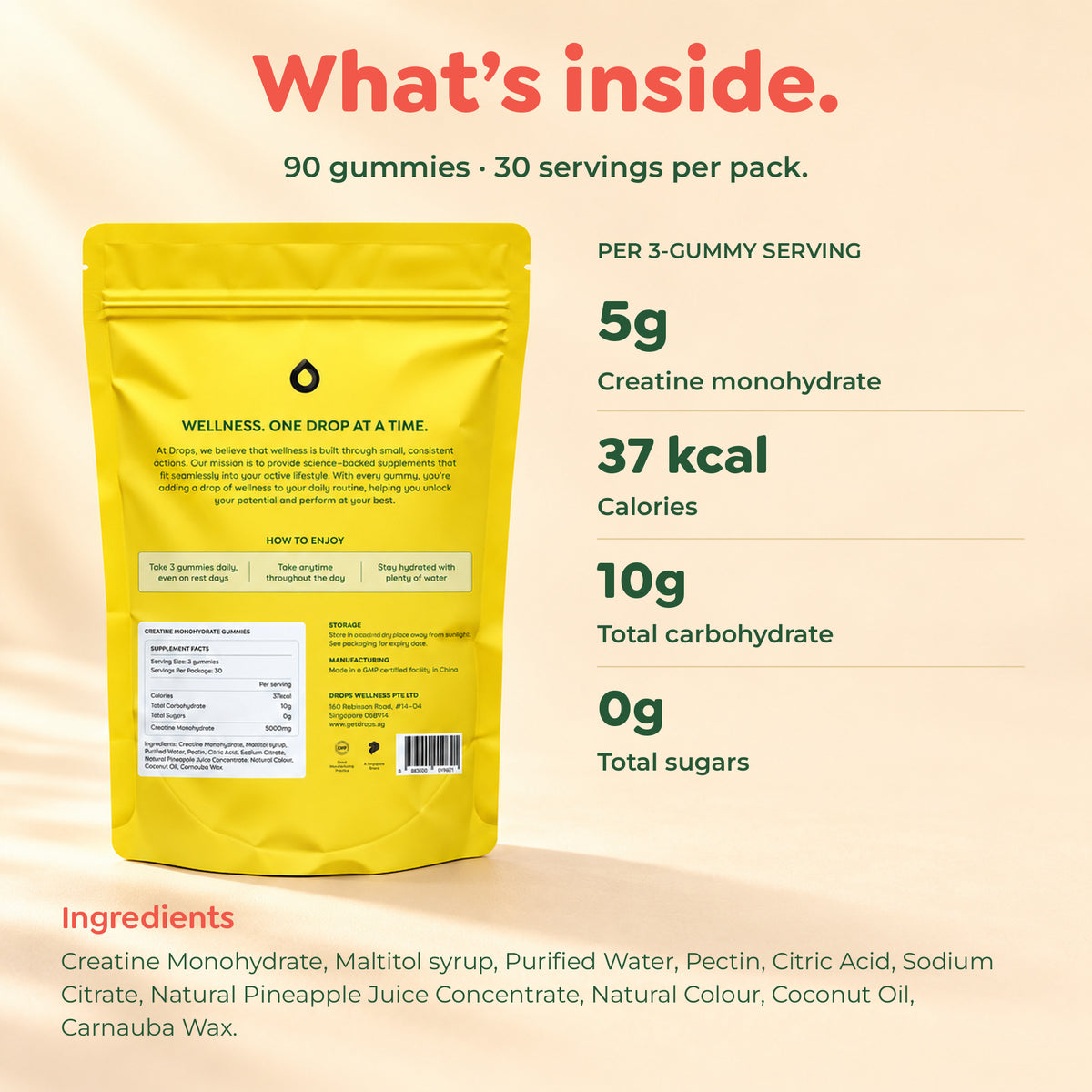 Drops Punchy Pineapple ingredients and nutrition information per three-gummy serving, with the pouch back label.